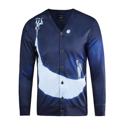 Mr.1991INC Hip Hop Fashion Blouse Men's 3d Shirts Long Sleeve V-neck Button Tees Tops Moon Print Shirts