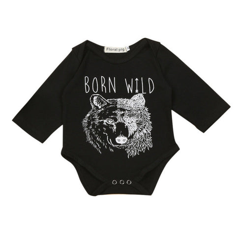 2017 Fashion baby boy clothes Newborn Infant Baby Boys Long Sleeve Wolf Print Letter T-Shirt black Romper Jumpsuit "BORN WILD"