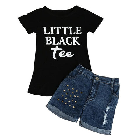 2017 Fashion Toddler Girls clothing sets cotton Letter Printed T-shirt and denim pants summer Kids Clothes Suit Girls Outfit