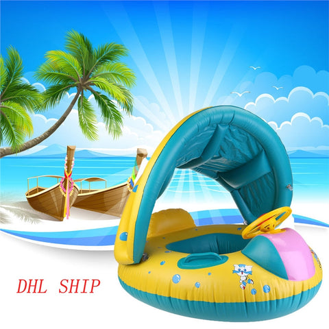 WINOMO Baby Swimming Float Boat Pool Floats with Sunshade Canopy for Kids Inflatable Pool Seat with Horn