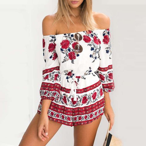 Women Jumpsuits Sexy Off Shoulder Red Floral Print Slash Neck Romper 2018 Summer Style Beach Short Playsuit Women Overalls