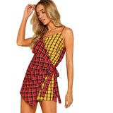 SHEIN Two Tone Plaid Wrap Cami Romper V neck Spaghetti Strap Sleeveless Women Checked Playsuits Casual Patchwork Cotton Romper