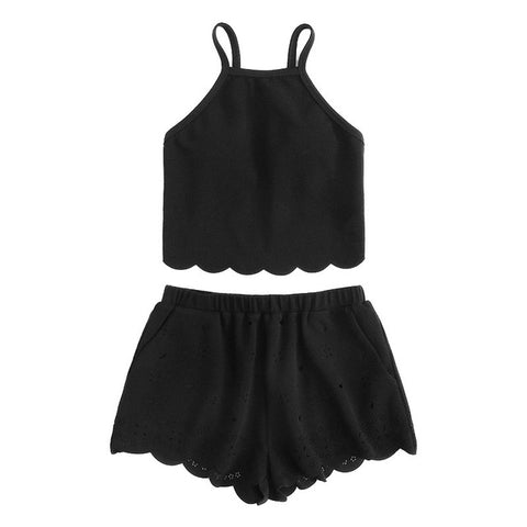 SHEIN Scallop Trim Cami Top And Laser Cut Out Shorts Set 2018 Black Spaghetti Strap Sleeveless Women Stretchy 2 Pieces Sets
