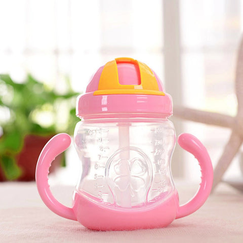 280ml Cute Baby Cup Drinking Straw Kids Children Learning Silicone Milk Nibbler Safe Feeding Bottle Handle Sippy Training Cup