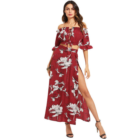SHEIN Burgundy Crop Bardot Top And High Slit Skirt Set Women Ruffle Off The Shoulder Flare Sleeve Drawstring Boho 2 Piece Sets
