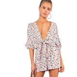 SHEIN Knot Front Plunging Neck Romper Women Deep V Neck Batwing Sleeve High Waist Boho Playsuits 2018 Sexy Wide Leg Romper