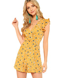 SHEIN Ginger Ruffle Shoulder Calico Print Wrap Romper Women V neck Sleeveless High Waist Playsuits 2018 Boho Wide Leg Romper