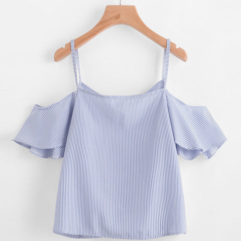 Women Summer Pinstripe Blouse Cold Shoulder Top