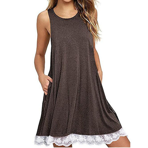 Women O Neck Casual Lace Sleeveless Above Knee Dress Loose Party Dress