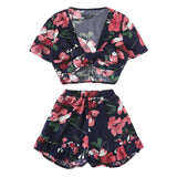 SHEIN Knot Floral Top & Ruffle Hem Shorts Set Women V neck Short Sleeve Ruffle 2 Pieces Sets 2018 Beach Vacation Twopieces