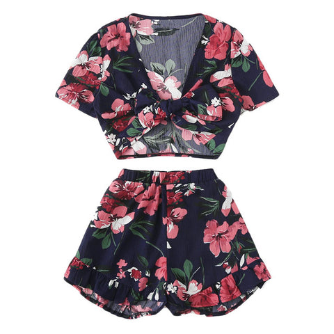 SHEIN Knot Floral Top & Ruffle Hem Shorts Set Women V neck Short Sleeve Ruffle 2 Pieces Sets 2018 Beach Vacation Twopieces