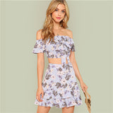 SHEIN Knot Front Crop Top And Ruffle Hem Skirt Set 2018 Off the Shoulder Floral Print Top With Skirt Women Vacation Twopieces
