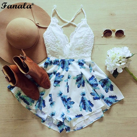 Summer Women Beach Playsuits Lace Splice V-Neck Strap High Waist Print Backless Loose Short Playsuits Hot 2018 New m22