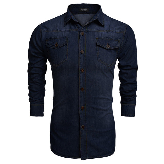 fcity.in - Men Black Faded Full Sleeve Cut Away Collar Denim Shirt / Urbane