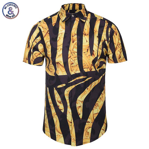 Mr.1991INC New Fashion Brand Shirt Men Summer Short Sleeve Golden Flowers Print Striped Shirts Casual 3d Shirts