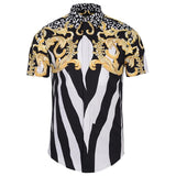 Mr.1991INC New Fashion Brand Shirt Men Summer Short Sleeve Golden Flowers Print Striped Shirts Casual 3d Shirts