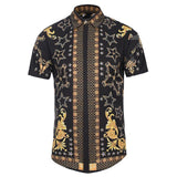 Mr.1991INC New Fashion Brand Shirt Men Summer Short Sleeve Golden Flowers Print Striped Shirts Casual 3d Shirts