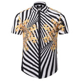 Mr.1991INC New Fashion Brand Shirt Men Summer Short Sleeve Golden Flowers Print Striped Shirts Casual 3d Shirts