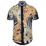 Mr.1991INC New Fashion Brand Shirt Men Summer Short Sleeve Golden Flowers Print Striped Shirts Casual 3d Shirts