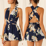 Women Sexy Playsuits Romper Open Back jumpsuit Chiffon Floral Summer Sleeveless V-Neck Cross Bandage Jumpsuit Overalls Women