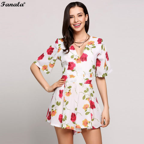 FANALA Summer White Floral Print Casual Jumpsuit Short Romper Ladies V Neck Women Playsuit Loose Beach Chiffon Overalls #20-25