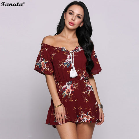 FANALA Summer Jumpsuit Women Sexy Short Sleeve Multicolor Floral Print Tassel Off The Shoulder Ruffle Sheath Rompers #50-30