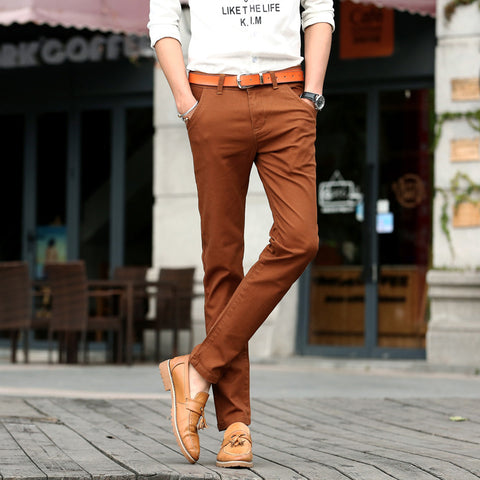 2017 New Mens 4 Color Slim Chino Soft Denim Stretch Jeans Pants Dress Trouser Brown Black Coffee Orange Size 32 33 34 36 38