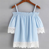 2017 Summer Blouse Women Off Shoulder Camis Top Short Sleeve Casual Slash neck Blue Lace Shirt  New Sexy Blusas