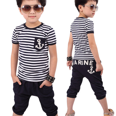 2-7 year Kids boys set clothes set Summer Children Clothing Boys Navy Striped T-shirt And Pants Suits children clothes Drop ship