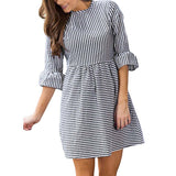Vintage Puff Sleeve Autumn Dress Women Stripe Printing Half Sleeve Loose Mini Dress robe femme ete 2017