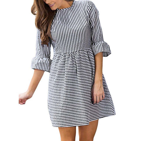 Vintage Puff Sleeve Autumn Dress Women Stripe Printing Half Sleeve Loose Mini Dress robe femme ete 2017