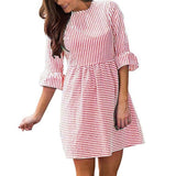 Vintage Puff Sleeve Autumn Dress Women Stripe Printing Half Sleeve Loose Mini Dress robe femme ete 2017