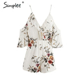 Simplee Cold shoulder ruffles print jumpsuit romper women Strap v neck backless short overalls Summer beach casual playsuit
