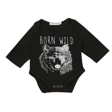 2017 Fashion baby boy clothes Newborn Infant Baby Boys Long Sleeve Wolf Print Letter T-Shirt black Romper Jumpsuit "BORN WILD"