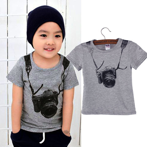Summer Cotton baby t-shirts Boy Kids Camera Short Sleeve Cartoon Tops Children O-neck T Shirt Casual Gray Tees Clothes 1-6Y
