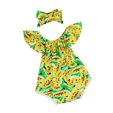 Cute Newborn Baby Girl Clothes Summer Off shoulder Watermelon Printed Toddler Kids Jumpsuit +Headband Outfits Sunsuit Clothing