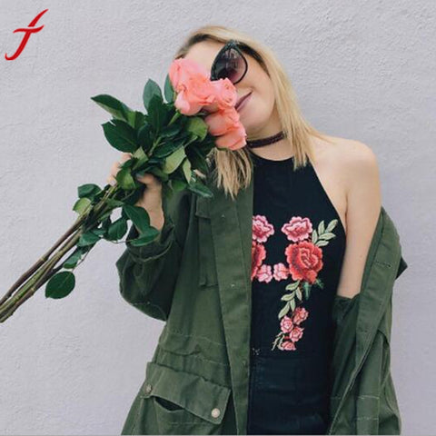 Women Tops Hanging Elegant Flower Embroidery Blouse Sleeveless Short Sling Vest Shirt blusas feminina ver o 2017