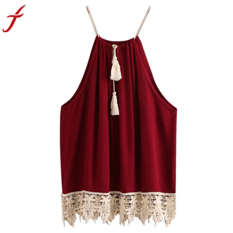 2017 New Arrival Fashion Women Lace Trimmed Tasselled Drawstring Blouse Wine Red Tops shirt Sleeveless Patchwork blusa feminina
