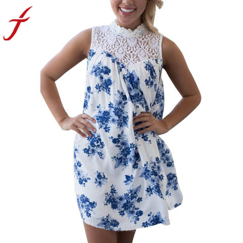 2017 Beachwear Summer Dress Women Sleeveless Blue Floral Printed Lace Splice Casual Beach Evening Sundress vestido de festa