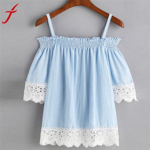 2017 Summer Blouse Women Off Shoulder Camis Top Short Sleeve Casual Slash neck Blue Lace Shirt  New Sexy Blusas