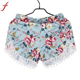 Women Summer Short Pants Fashion Tassel Spliced Casual Floral Printed Loose Pompon Mid Elastic Waist Beach Wear Shorts Women