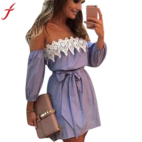 Blue Striped Summer Dress Women Cold Shoulder Lace Dress Casual Three Quarter Sleeve Party Short Mini Dress