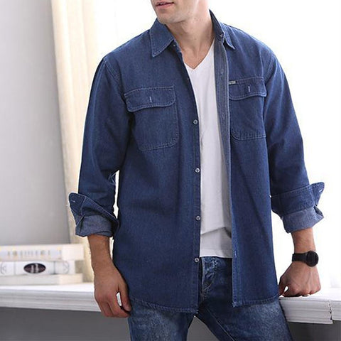 Men Shirts Denim Clothes Long Sleeve Shirt Casual Lapel Solid Slim Fit Dress Shirts Mens Plus Size Jeans Tops 3XL Autumn Spring