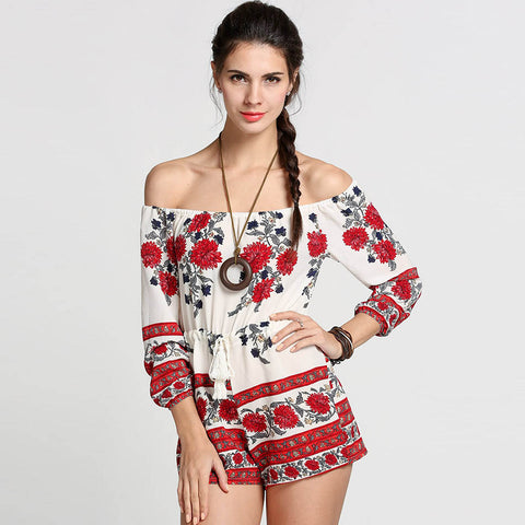 Women Jumpsuits Sexy Off Shoulder Red Floral Print Slash Neck Romper 2018 Summer Style Beach Short Playsuit Women Overalls