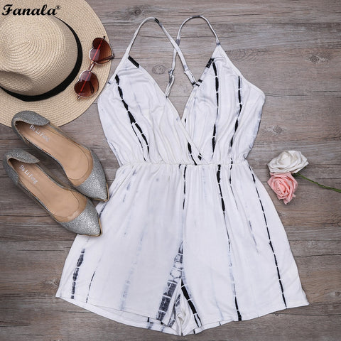 FANALA 2018 Women Bodysuit Sexy Summer Beach Playsuit V Neck Spaghetti Strap Sleeveless Tie Dye Rompers Women Jumpsuit #30-25