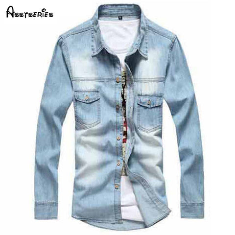 2018 New Vintage Men's Fashion Denim Shirt Long Sleeve Light Blue Jeans Shirt Top quality Hot Selling  Size M-3XL 38z