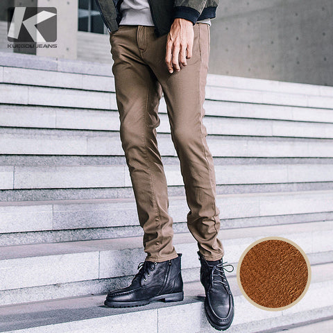 KUEGOU New Winter Mens Casual Denim Pants Thick With Fleece Blue Khaki Color Man's Slim Jeans Male Brand Straight Trousers 2375