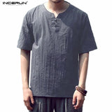 INCERUN Handsome Pure Color Shirt Men Linen Short Sleeve Men Shirts Pure Flax Fashion Shirt Mens Breathable Solid Casual Shirts