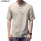 INCERUN Handsome Pure Color Shirt Men Linen Short Sleeve Men Shirts Pure Flax Fashion Shirt Mens Breathable Solid Casual Shirts