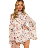 SHEIN Exaggerated Flare Sleeve Frill Flora Print Boho Romper 2018 Women Stand Collar Long Sleeve Ruffle Loose Chiffon Playsuits